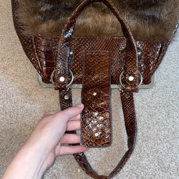 Brown Faux Fur + Faux Crocodile Skin Handbag Purse with Rhinestone Studs - Picture 6 of 7
